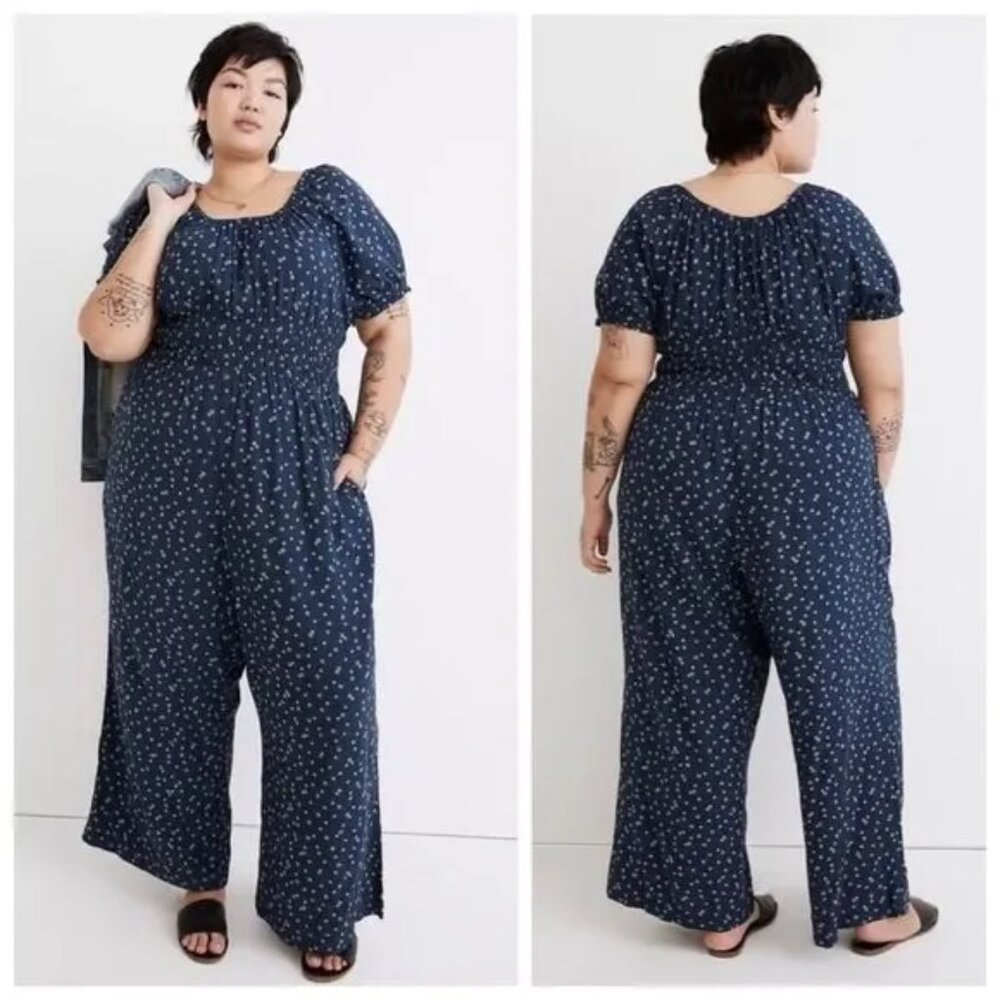 Madewell Navy Blue Printed Puff-Sleeve Jumpsuit